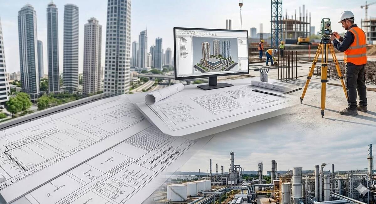 Engenheiro com estação total em obra, com planta de loteamento ao fundo
